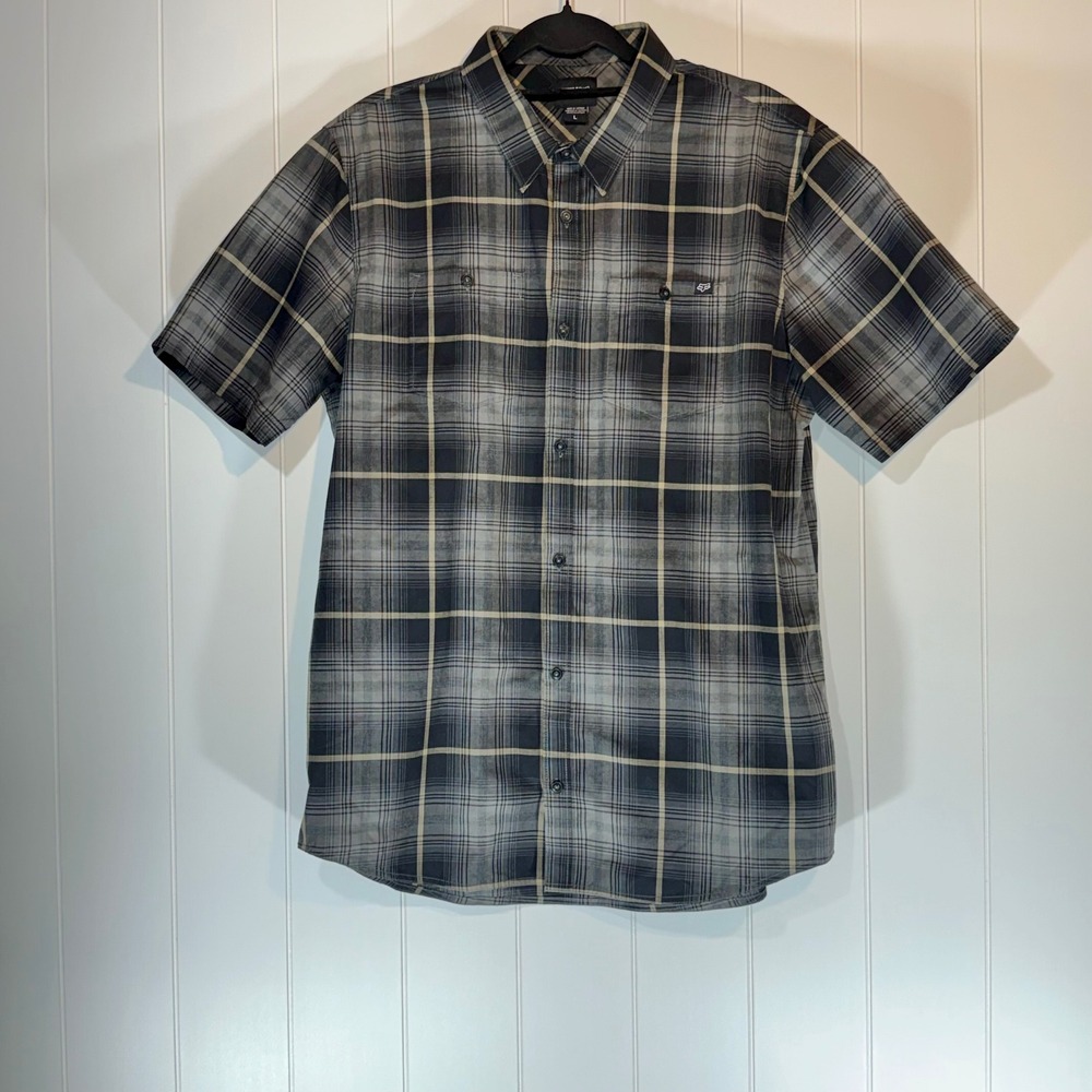 Fox Racing Mens Large Grey Plaid Short Sleeve Button Down Shirt Pocket Logo